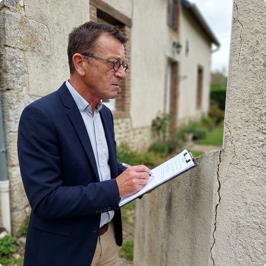 Christophe Pigné, expert bâtiment, inspectant une fissure structurelle sur la façade d'une maison en Normandie.