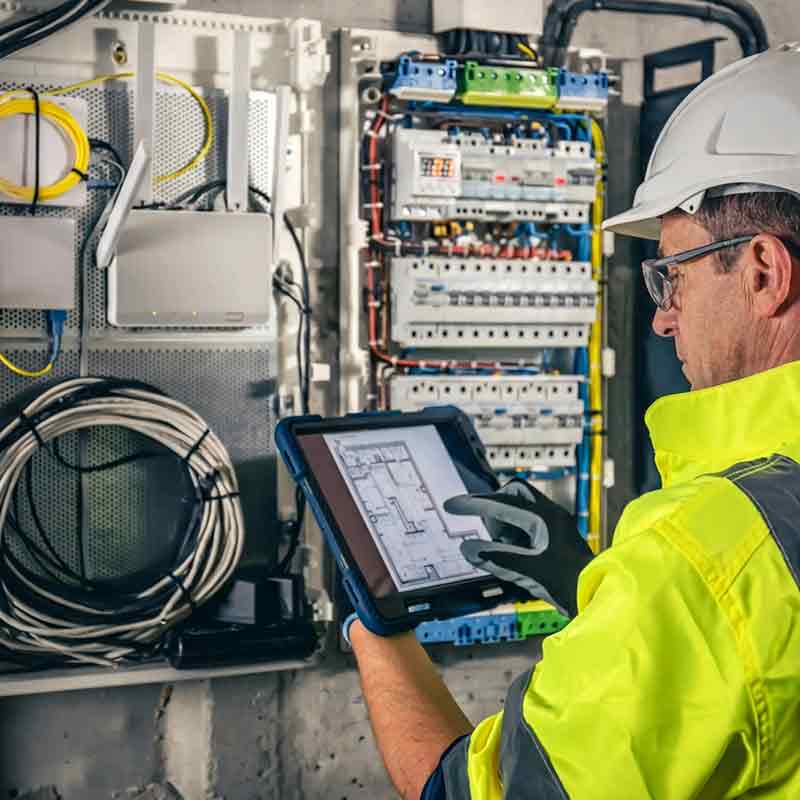 Expert en bâtiment vérifiant la conformité d'un tableau électrique avec une tablette lors d'un diagnostic en Normandie.